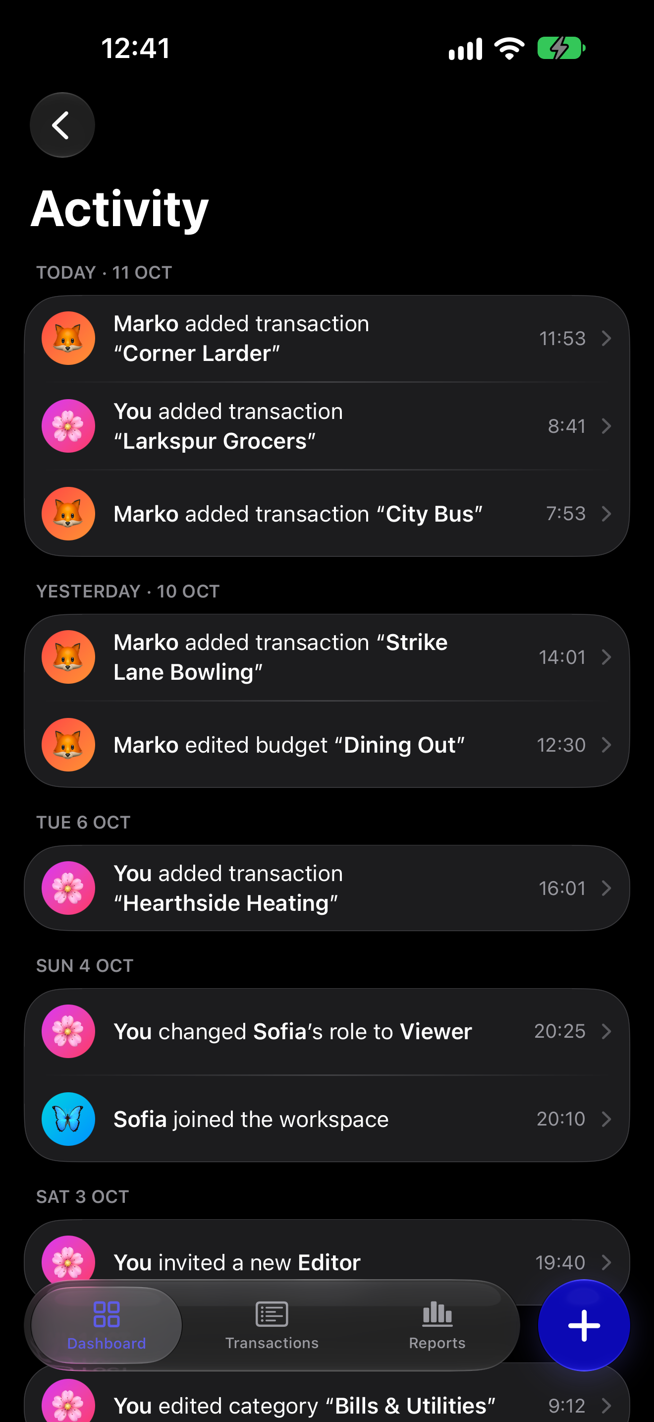 The Skarb activity feed, showing each change with the name of the person who made it.