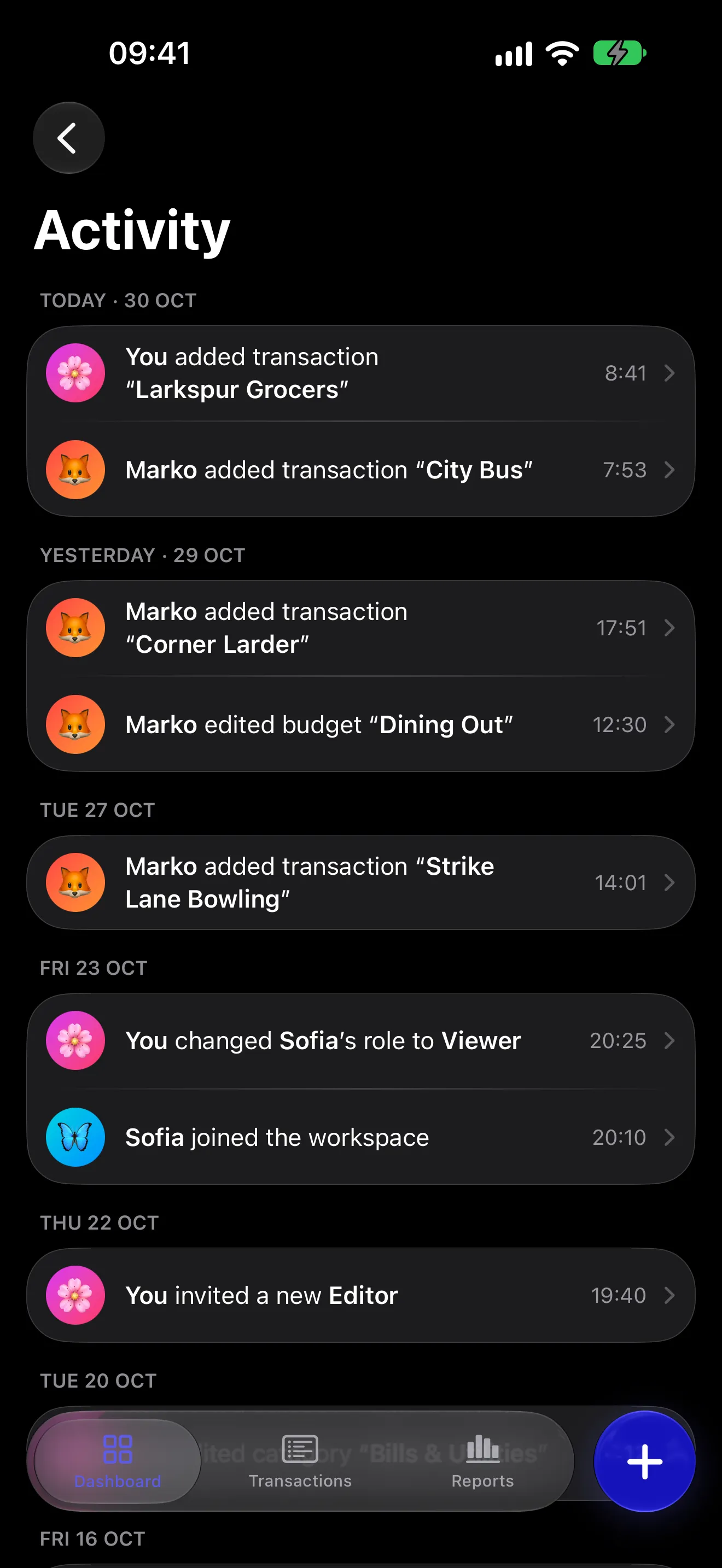 The Skarb activity feed, showing each change with the name of the person who made it.