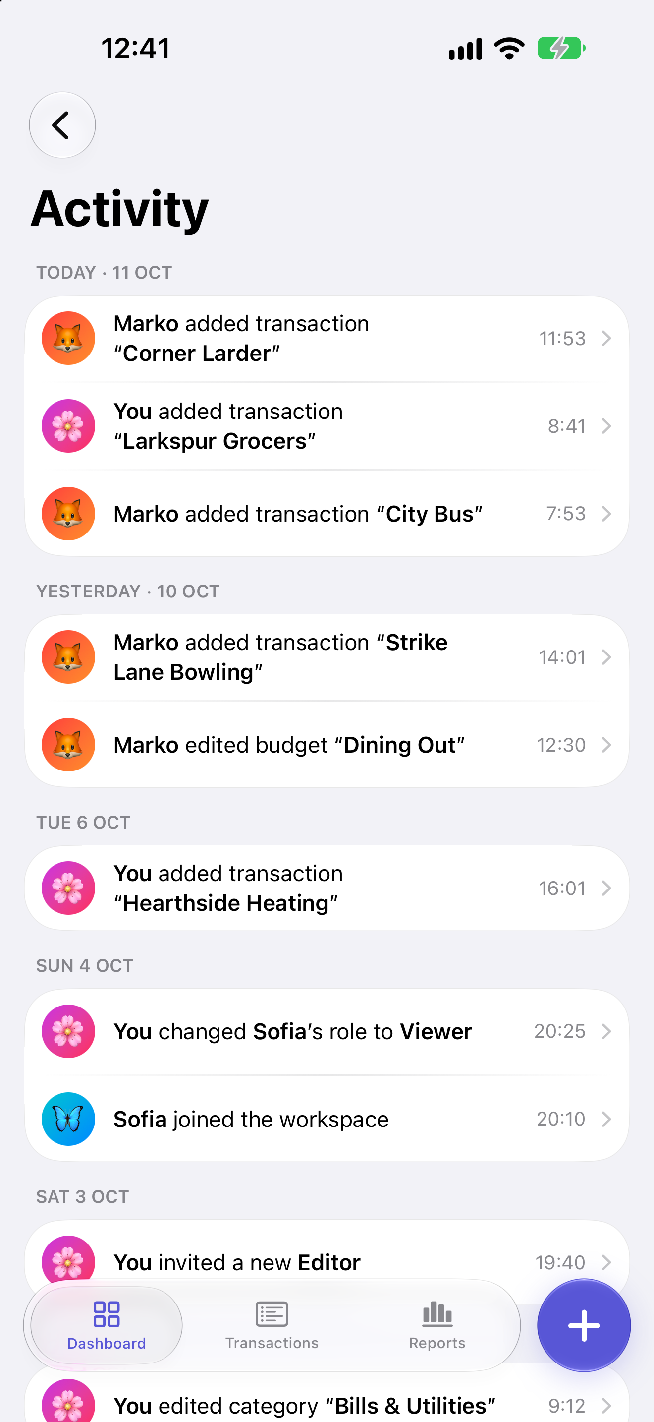 The Skarb activity feed, showing each change with the name of the person who made it.