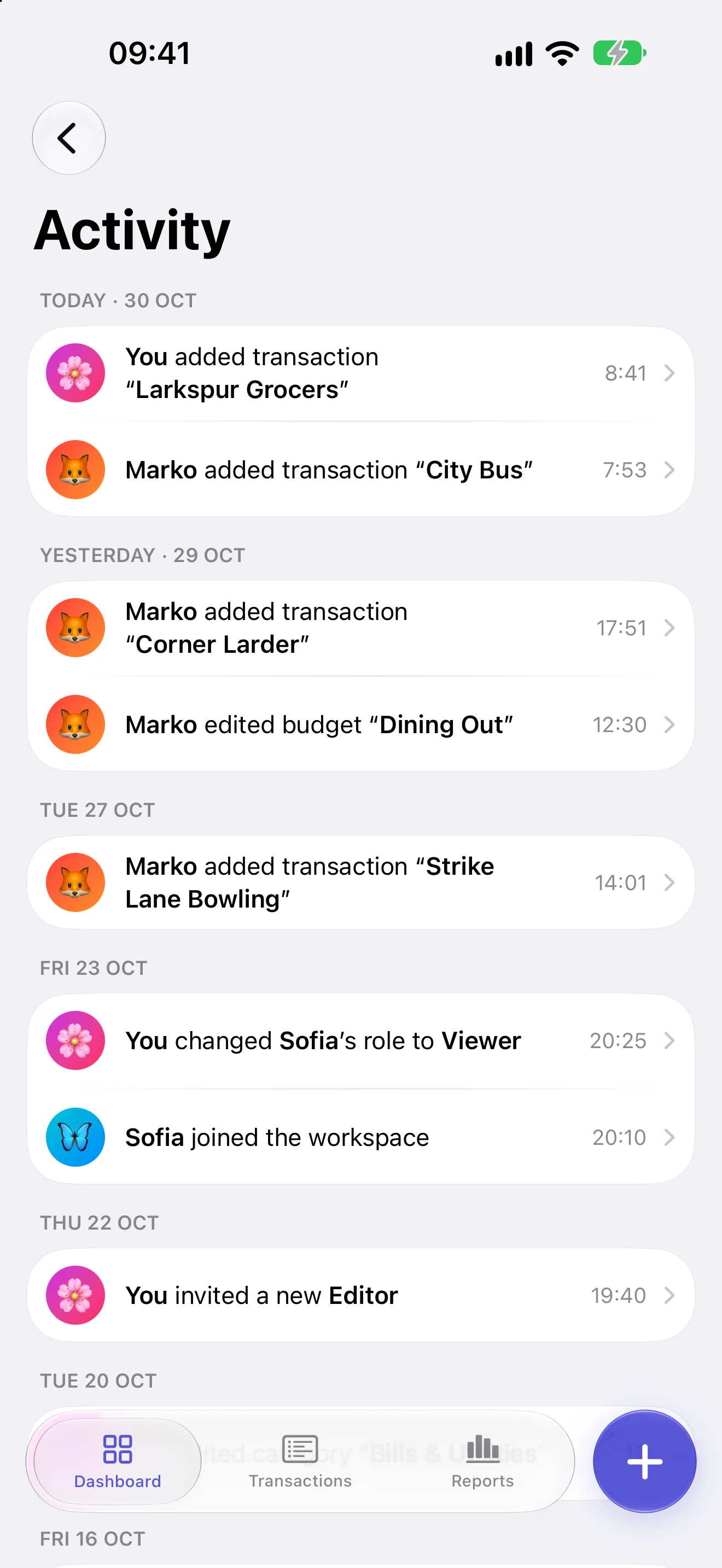 The Skarb activity feed, showing each change with the name of the person who made it.