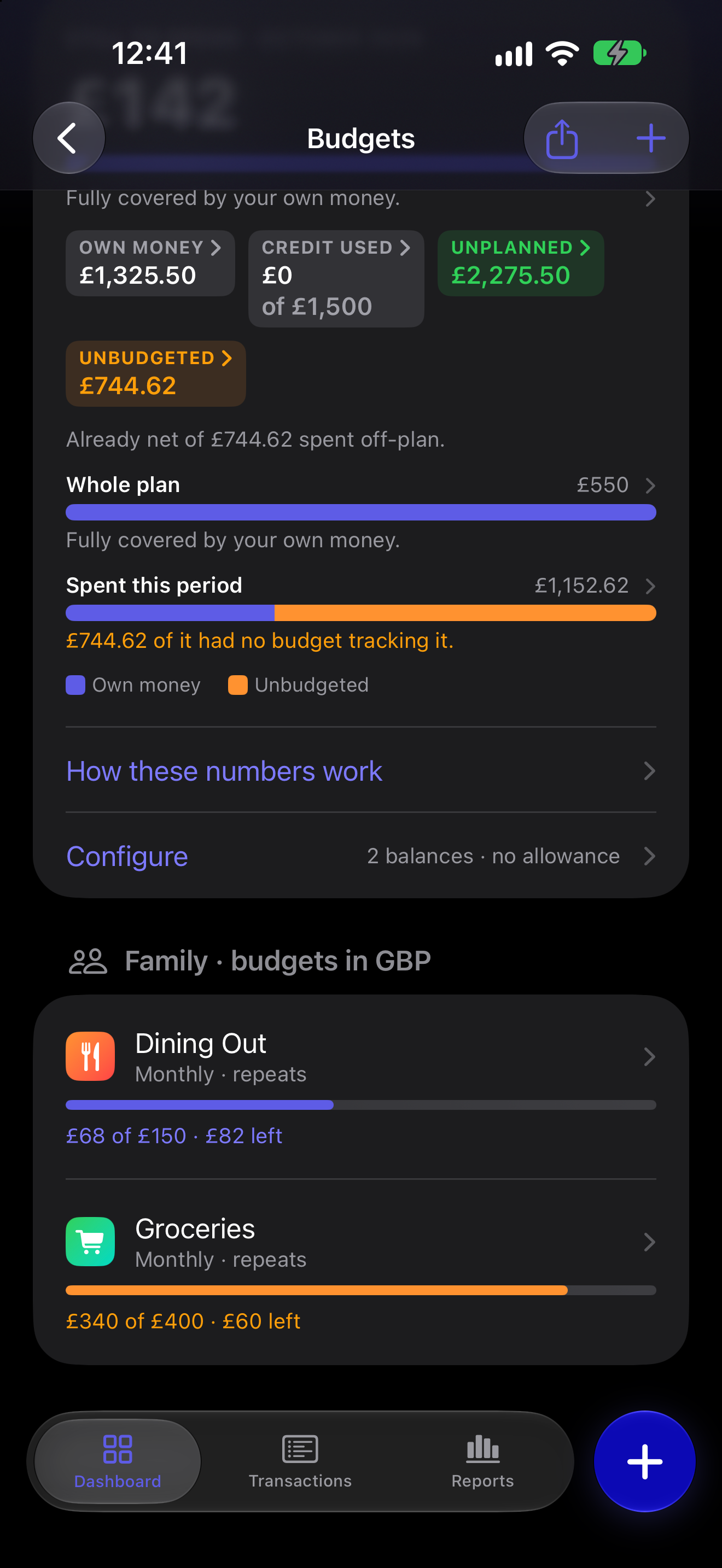 The Budget Summary above the budgets list, with Dining Out at £68 of £150 and Groceries at £340 of £400.