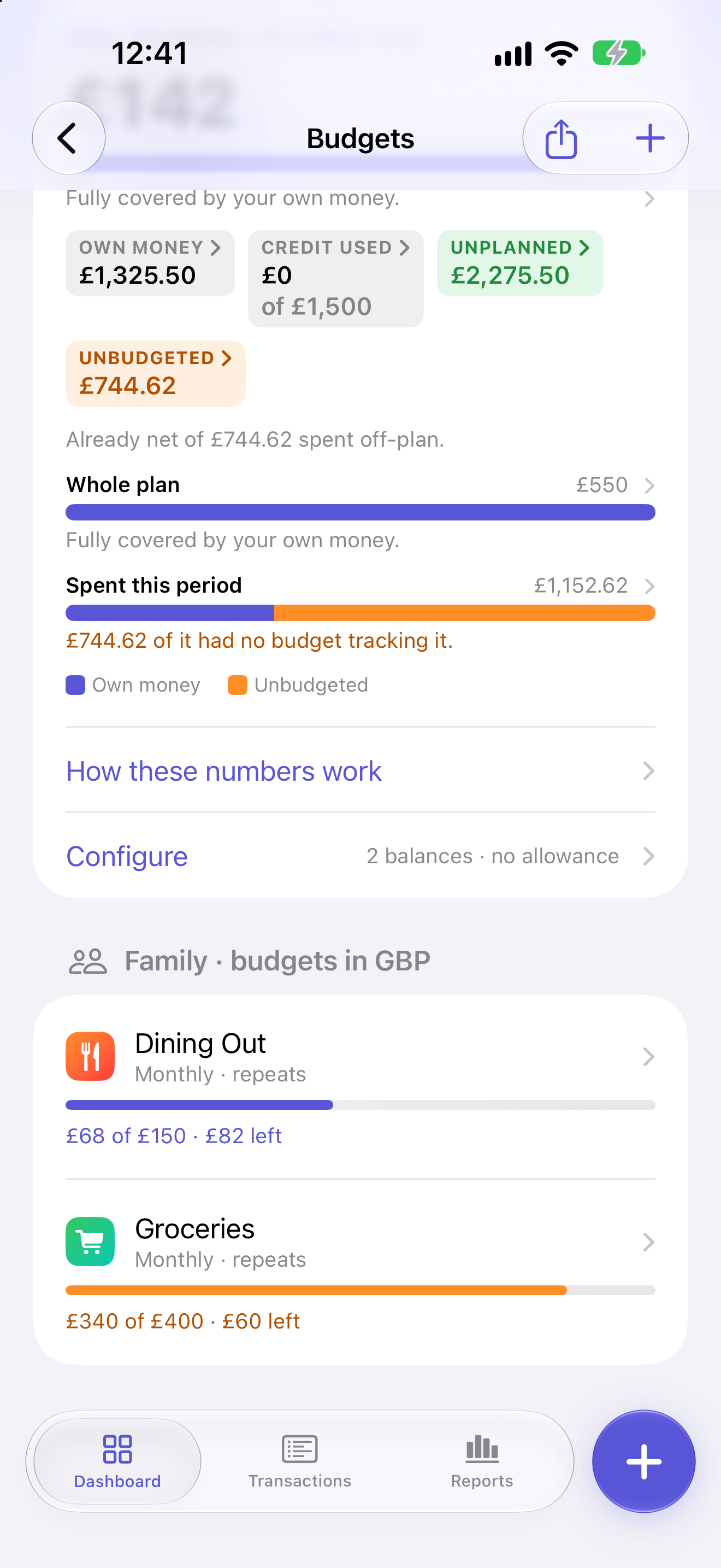 The Budget Summary above the budgets list, with Dining Out at £68 of £150 and Groceries at £340 of £400.