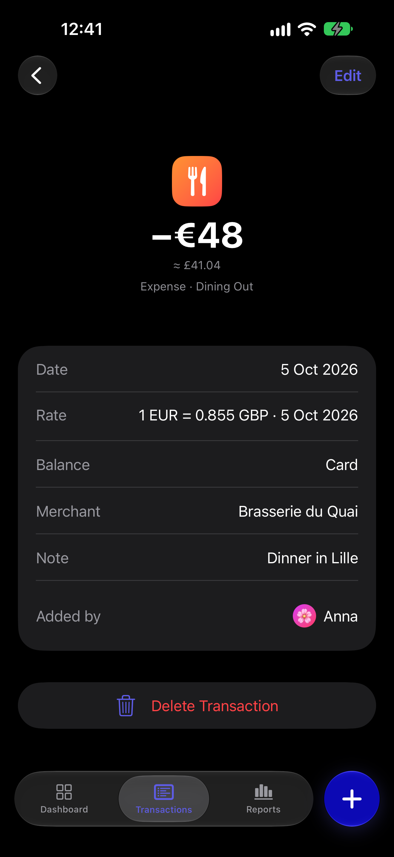 A transaction recorded in euros inside a workspace with a different base currency, showing the exchange rate stored on the record.