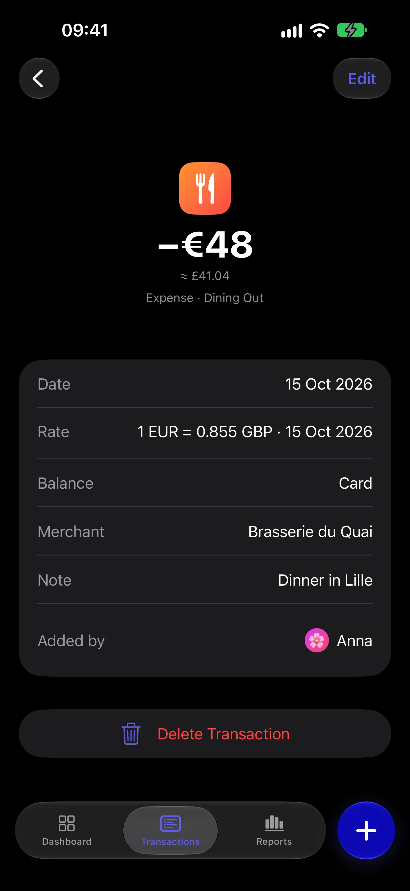 A transaction recorded in euros inside a workspace with a different base currency, showing the exchange rate stored on the record.