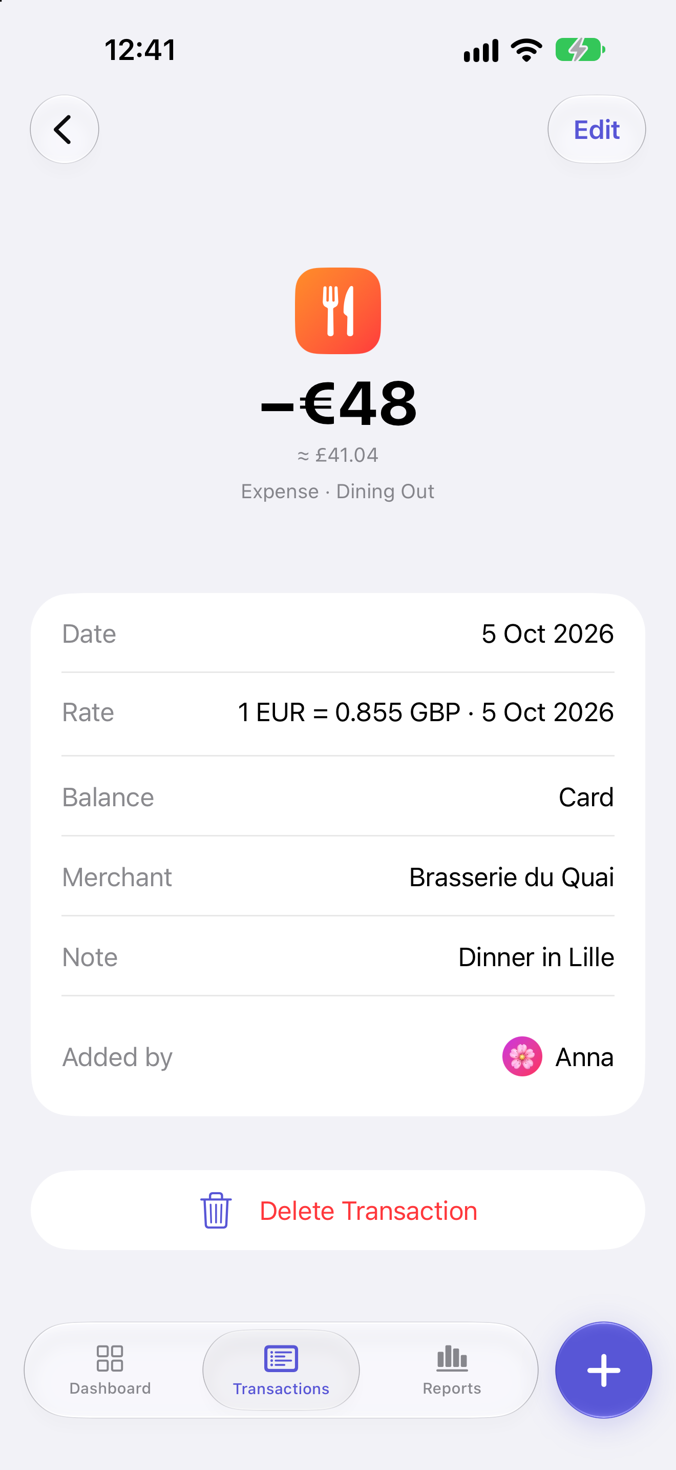 A transaction recorded in euros inside a workspace with a different base currency, showing the exchange rate stored on the record.