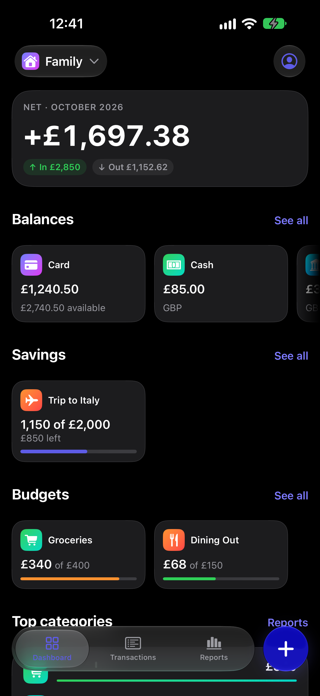 The Skarb dashboard, showing this month's spending, budget progress and balances.