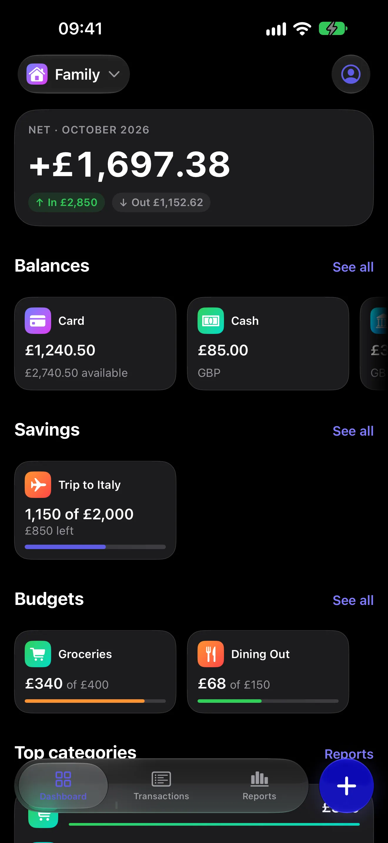The Skarb dashboard, showing this month's spending, budget progress and balances.