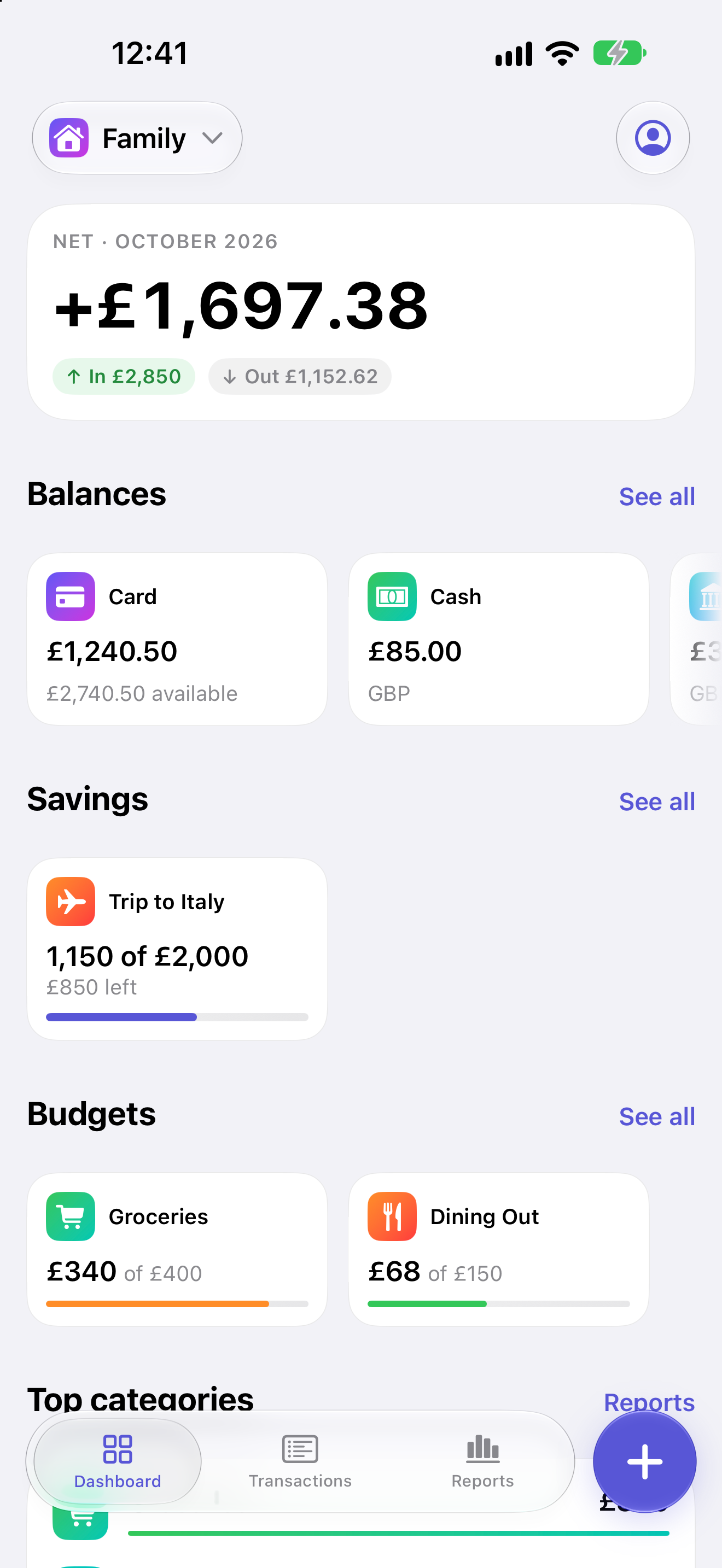 The Skarb dashboard, showing this month's spending, budget progress and balances.
