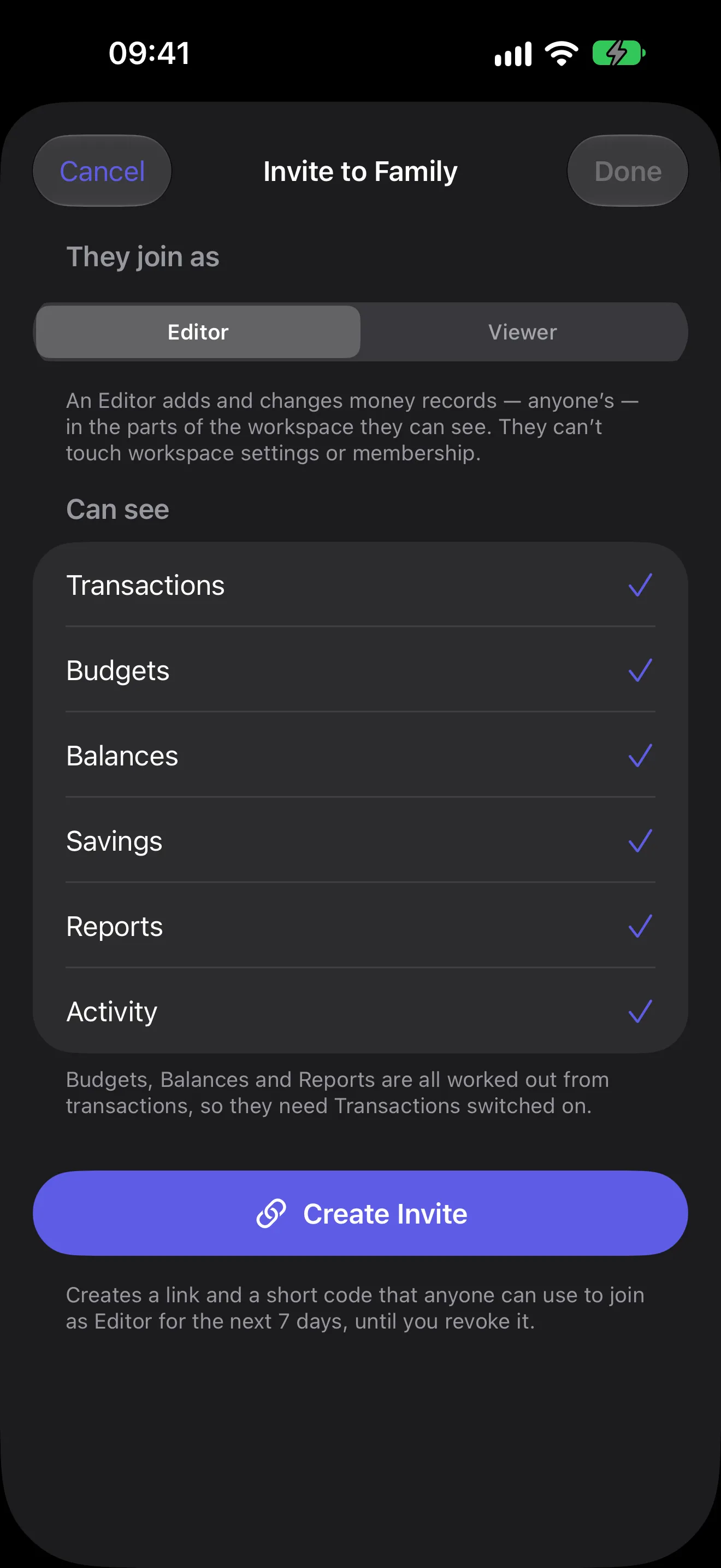 The invite sheet before the link is made: Editor or Viewer, then a tick for each section the new member will see.