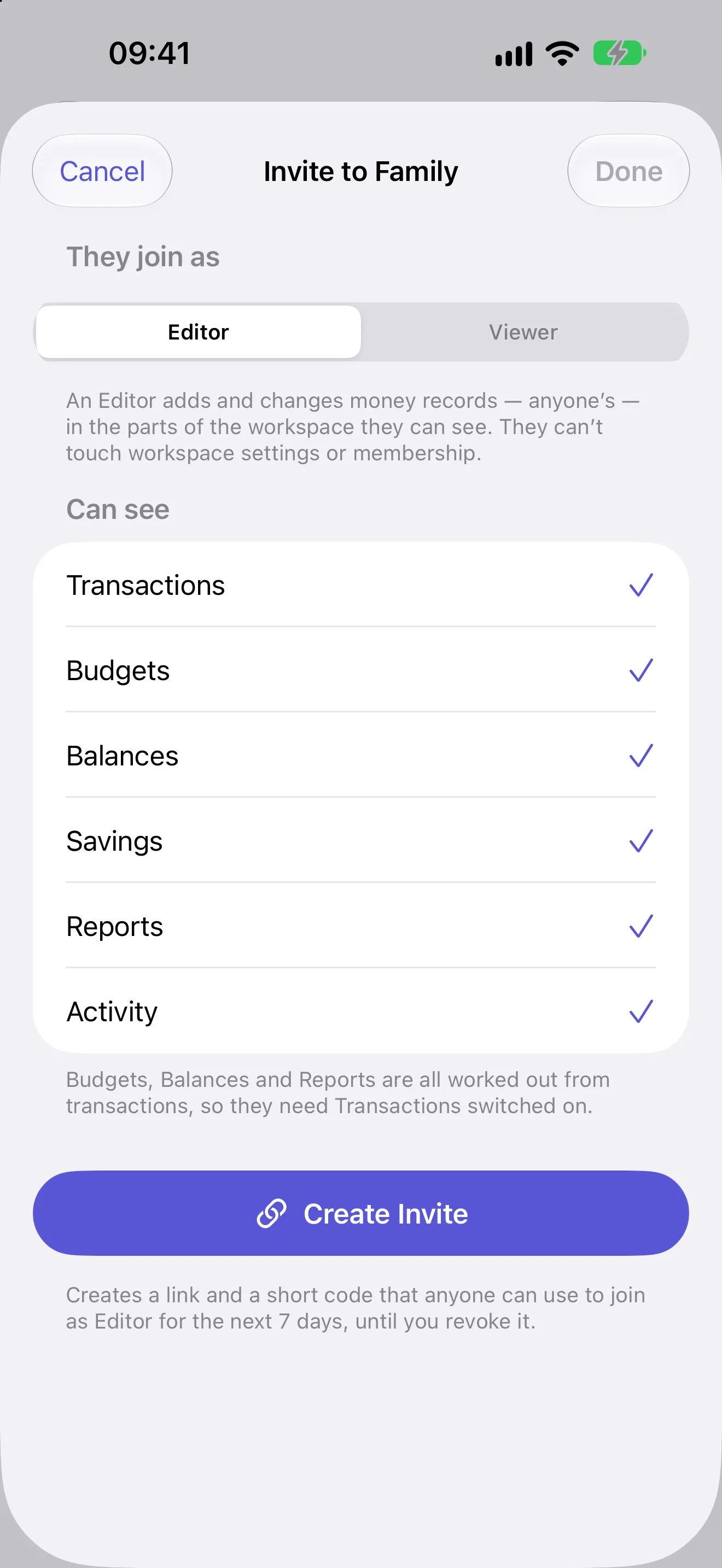 The invite sheet before the link is made: Editor or Viewer, then a tick for each section the new member will see.
