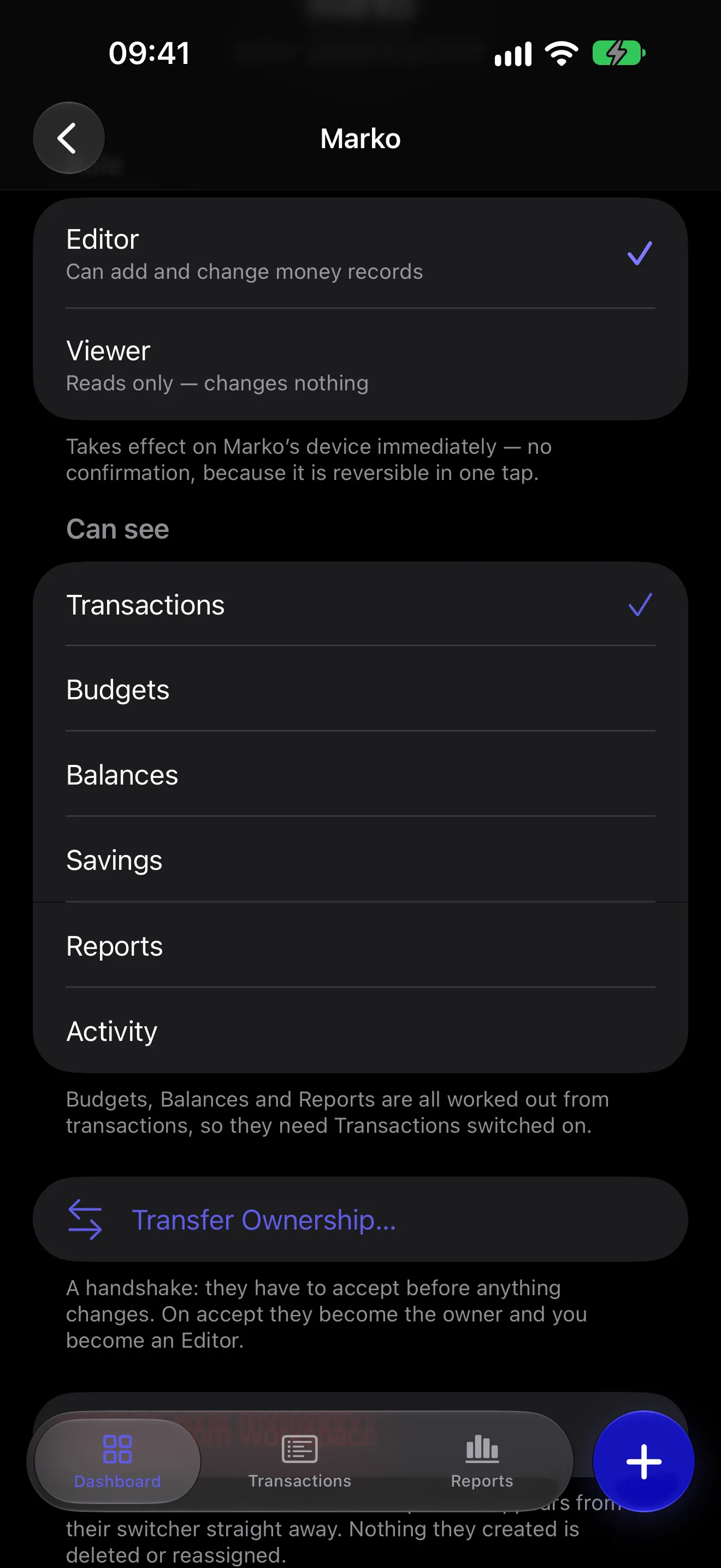 Marko's member settings: an editor who can see Transactions only, with Budgets, Balances, Savings, Reports and Activity switched off.