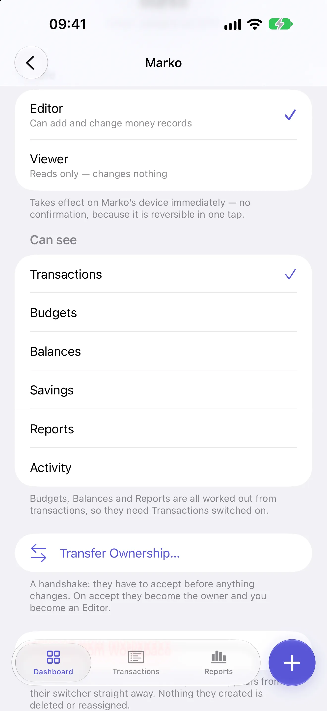 Marko's member settings: an editor who can see Transactions only, with Budgets, Balances, Savings, Reports and Activity switched off.