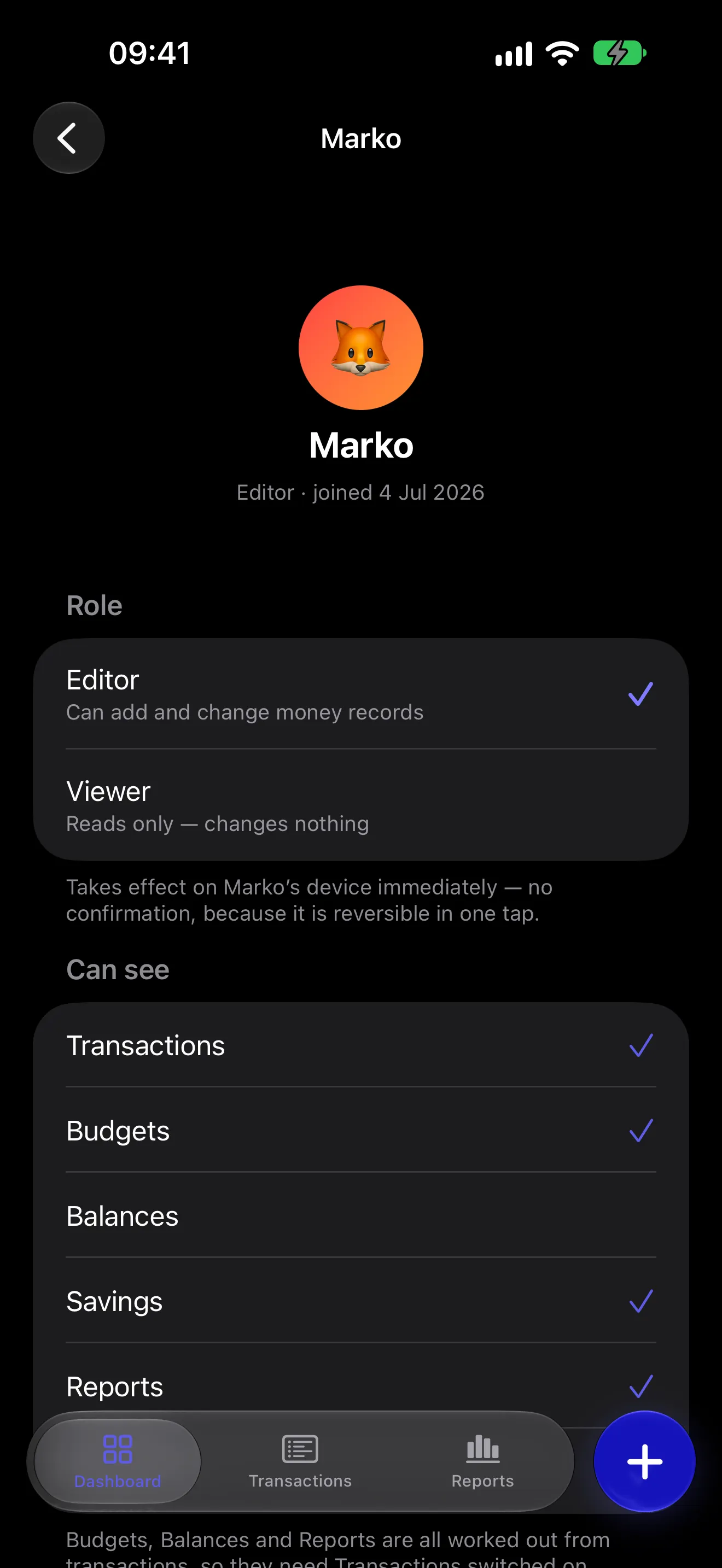 Marko's member settings: an editor who can see Transactions, Budgets, Savings and Reports, with Balances switched off.