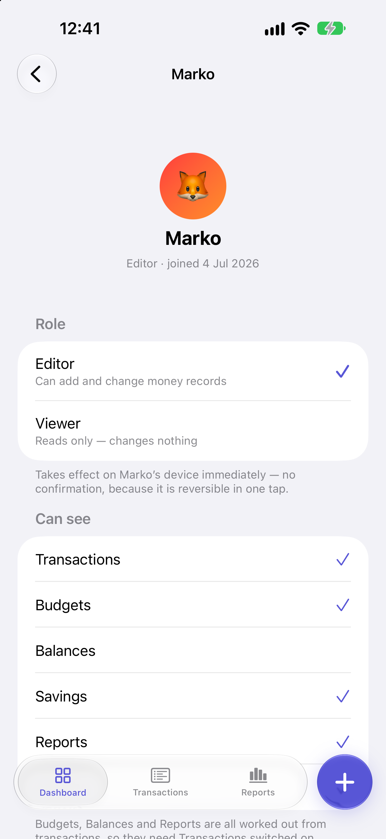 Marko's member settings: an editor who can see Transactions, Budgets, Savings and Reports, with Balances switched off.