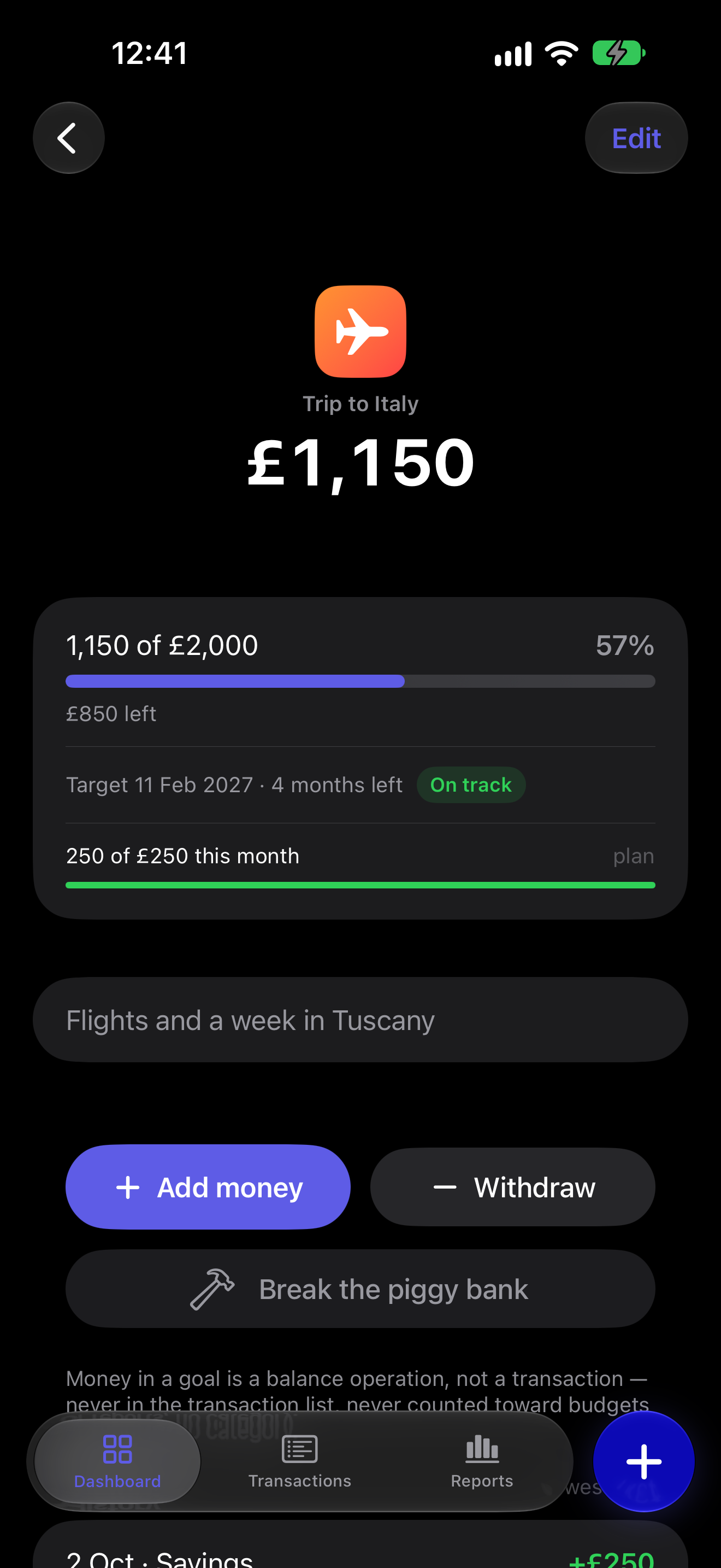 A savings goal for a trip to Italy: £1,150 of £2,000 saved, with its progress line and an on track label.