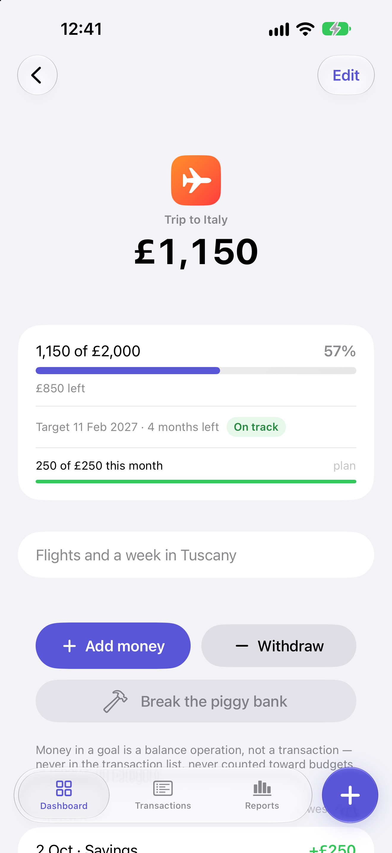 A savings goal for a trip to Italy: £1,150 of £2,000 saved, with its progress line and an on track label.