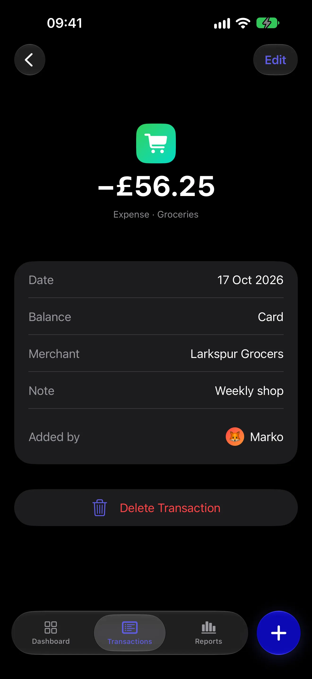 A £56.25 grocery shop at Larkspur Grocers, its details ending in an Added by row with Marko's name and avatar.