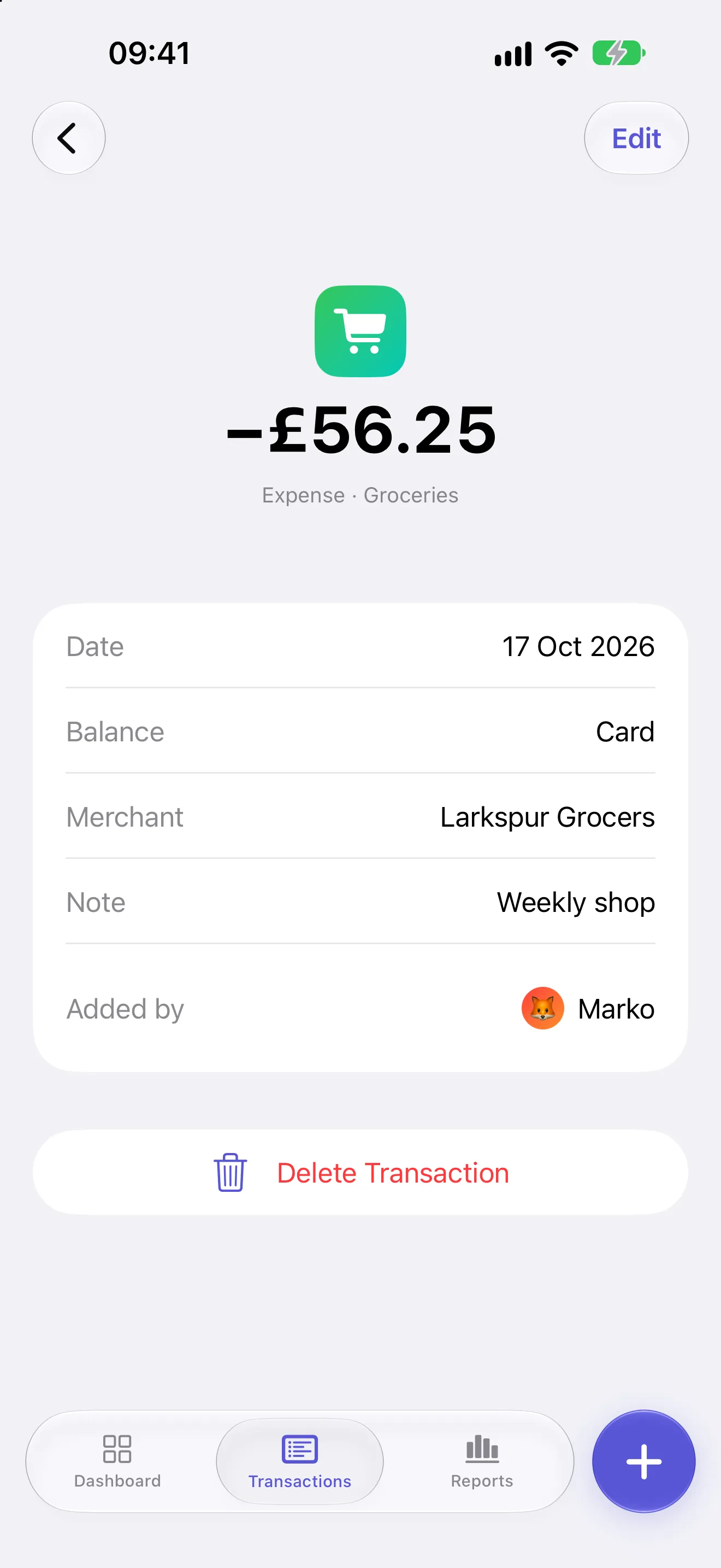 A £56.25 grocery shop at Larkspur Grocers, its details ending in an Added by row with Marko's name and avatar.
